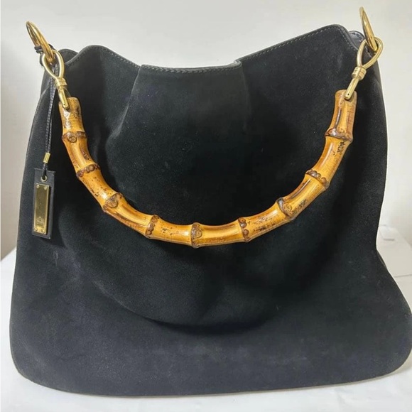 Gucci Black Suede Shoulder Bag with Bamboo Handle - Picture 2 of 15